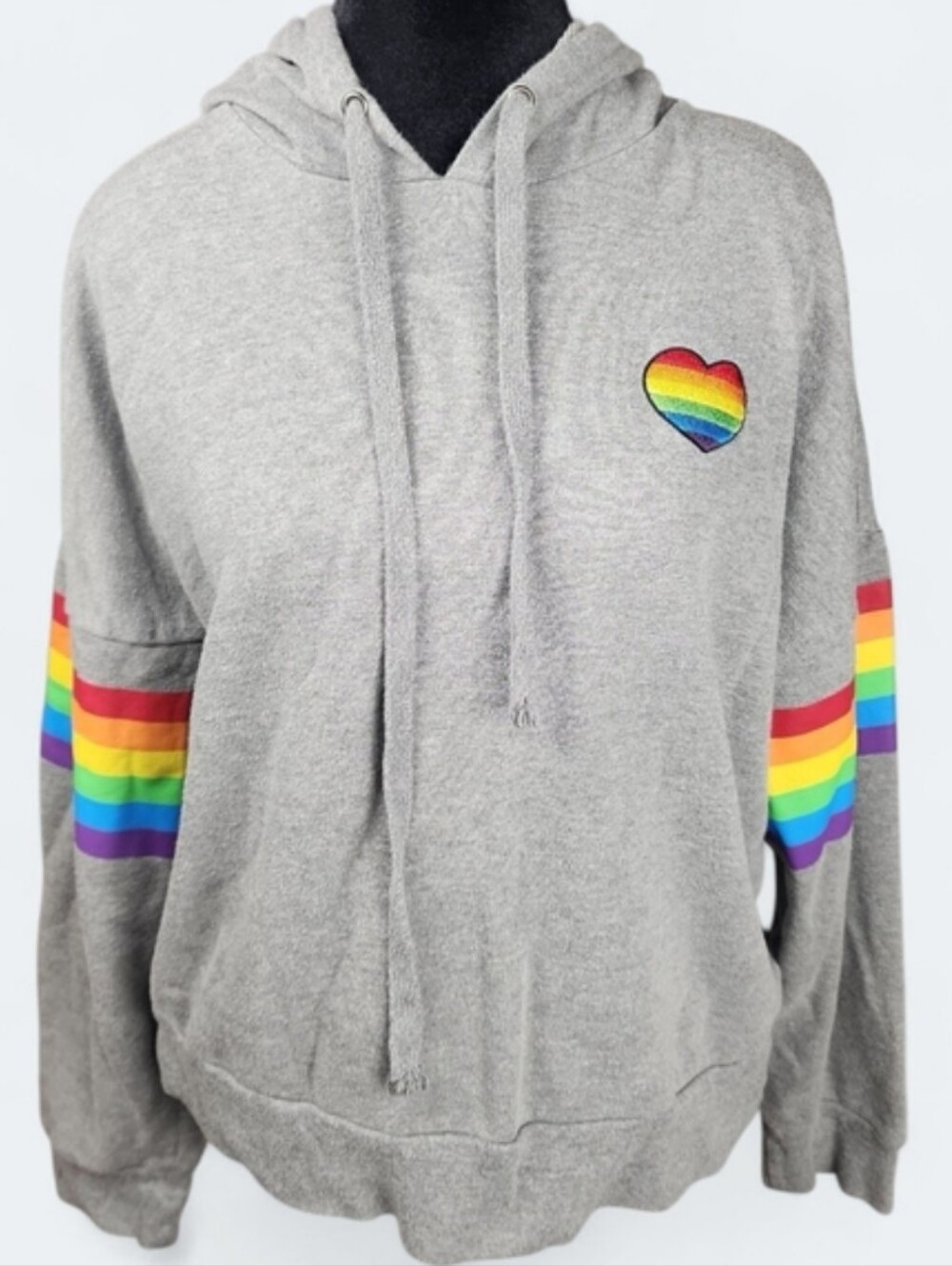HOT TOPIC | LGBTQIA+ Pride Rainbow Heart Embroidered Cropped Hoodie Gray | M L - Picture 9 of 9